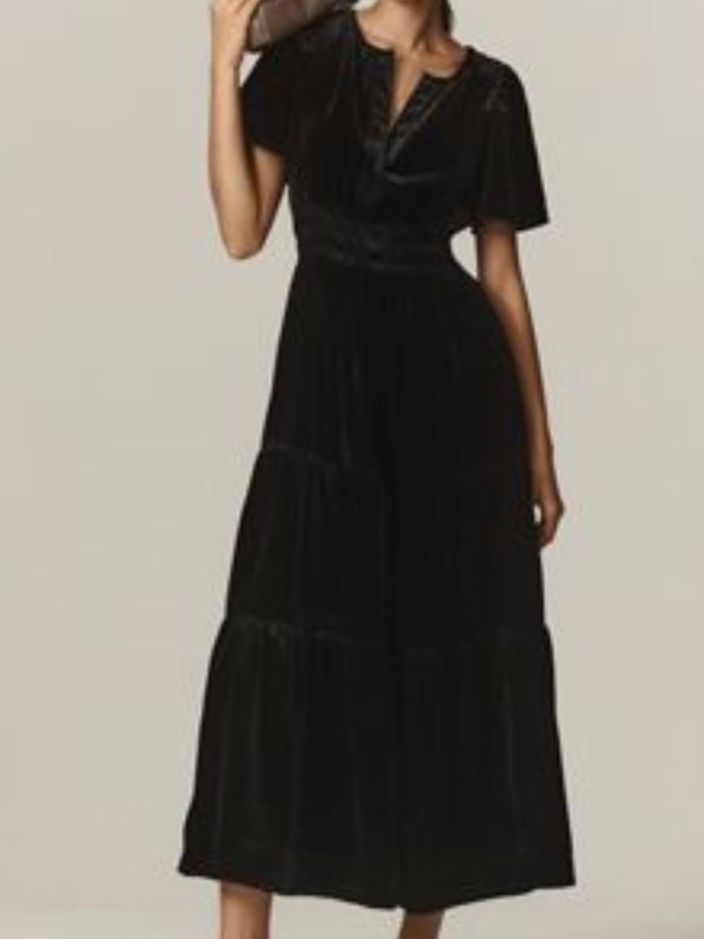 Anthropologie Black Velvet Tiered Maxi Dress